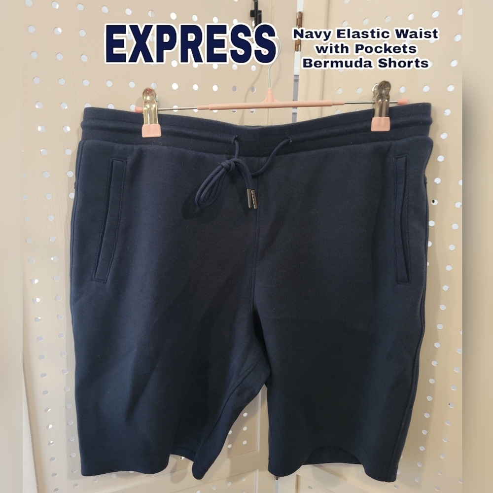 NWOT EXPRESS Drawstring Cotton Poly Elastic Waist Casual Shorts. Dark Navy